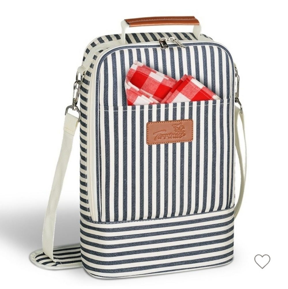 New TIRRINIA 2 Wine Bottle Tote Blue Cream Ticking Stripe